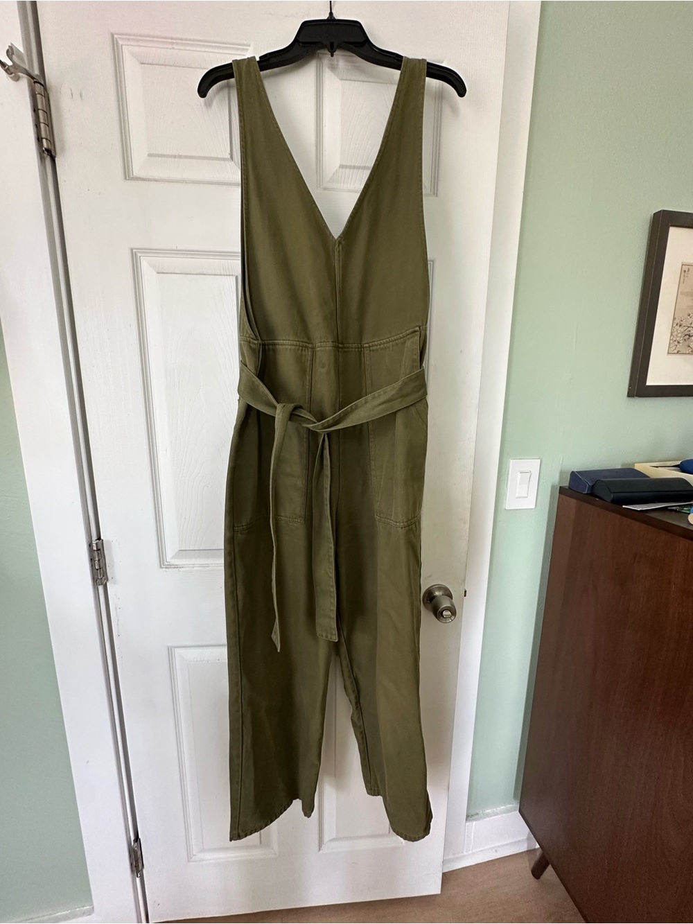 Alex Mill Olive Green V-Neck Utility Jumpsuit with Tie Waist
